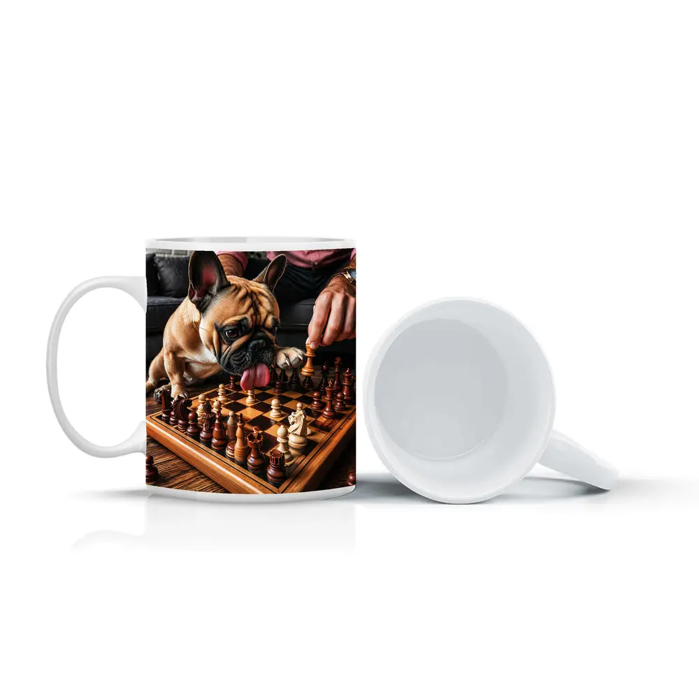 French Bulldog Playing Chess Indoor Setting – Mugs