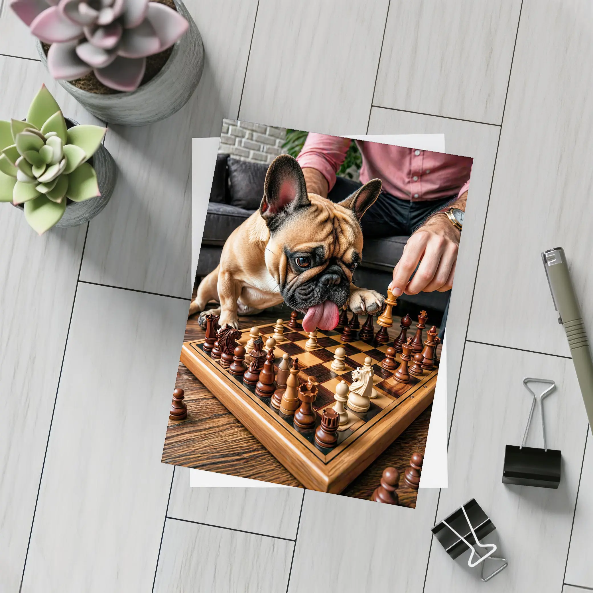French Bulldog Playing Chess Indoor Setting – Postcards