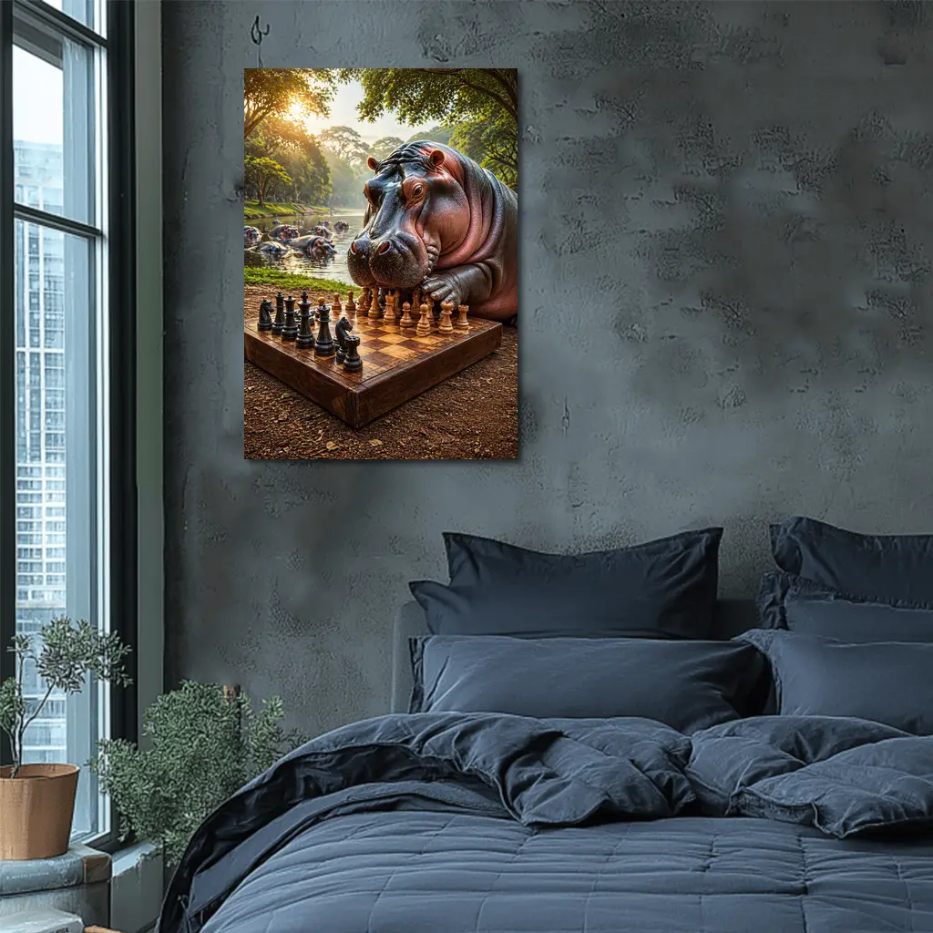 Hippopotamus Playing Chess In Jungle Park – Wall Art