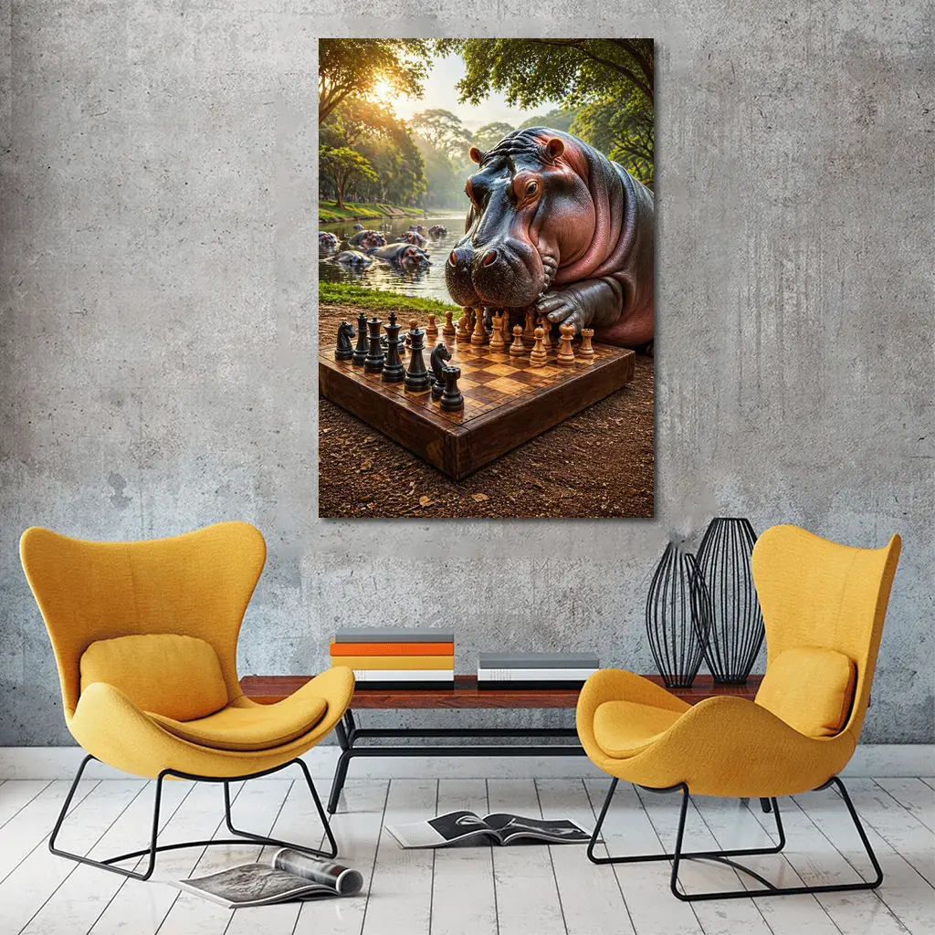 Hippopotamus Playing Chess In Jungle Park – Wall Art