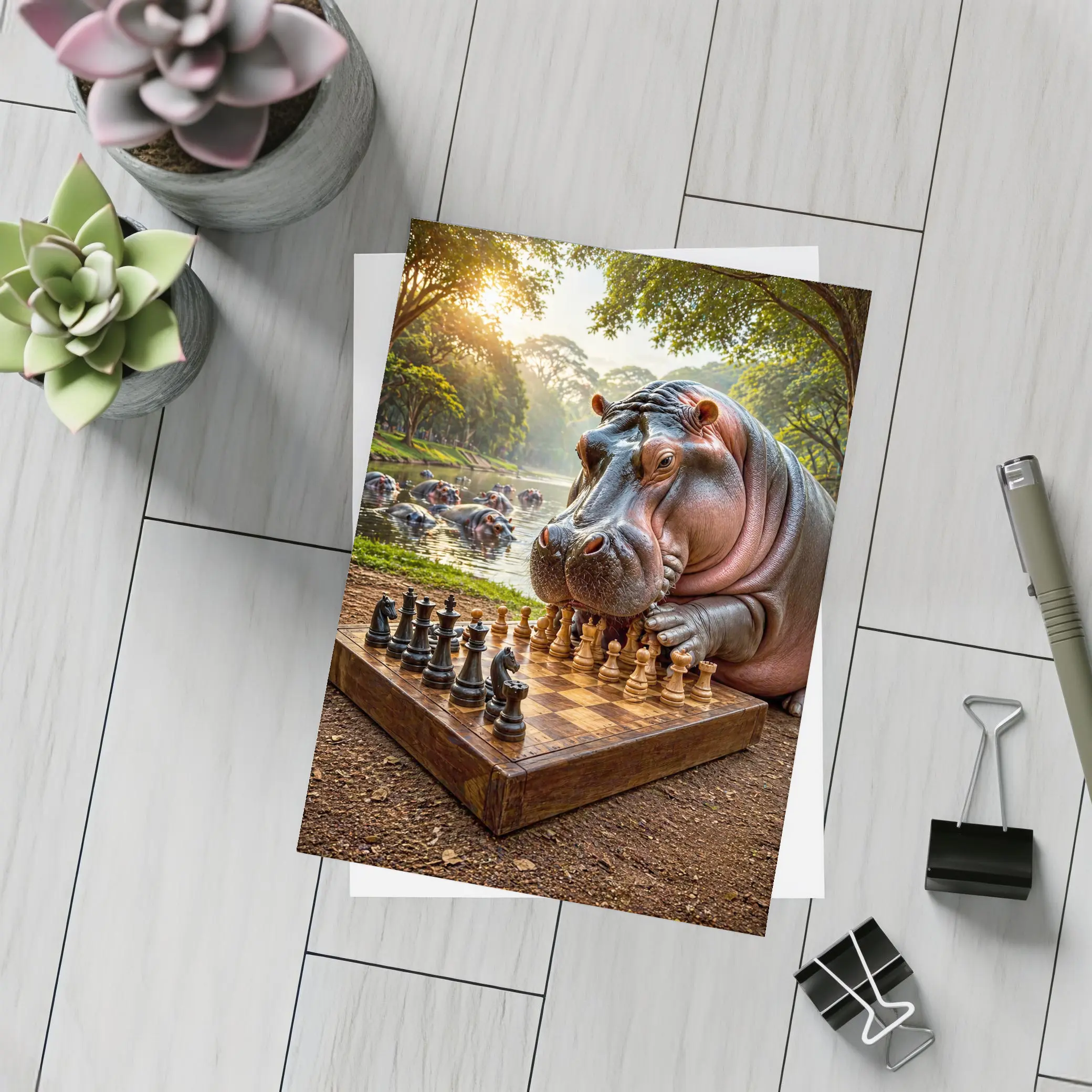 Hippopotamus Playing Chess In Jungle Park – Postcards