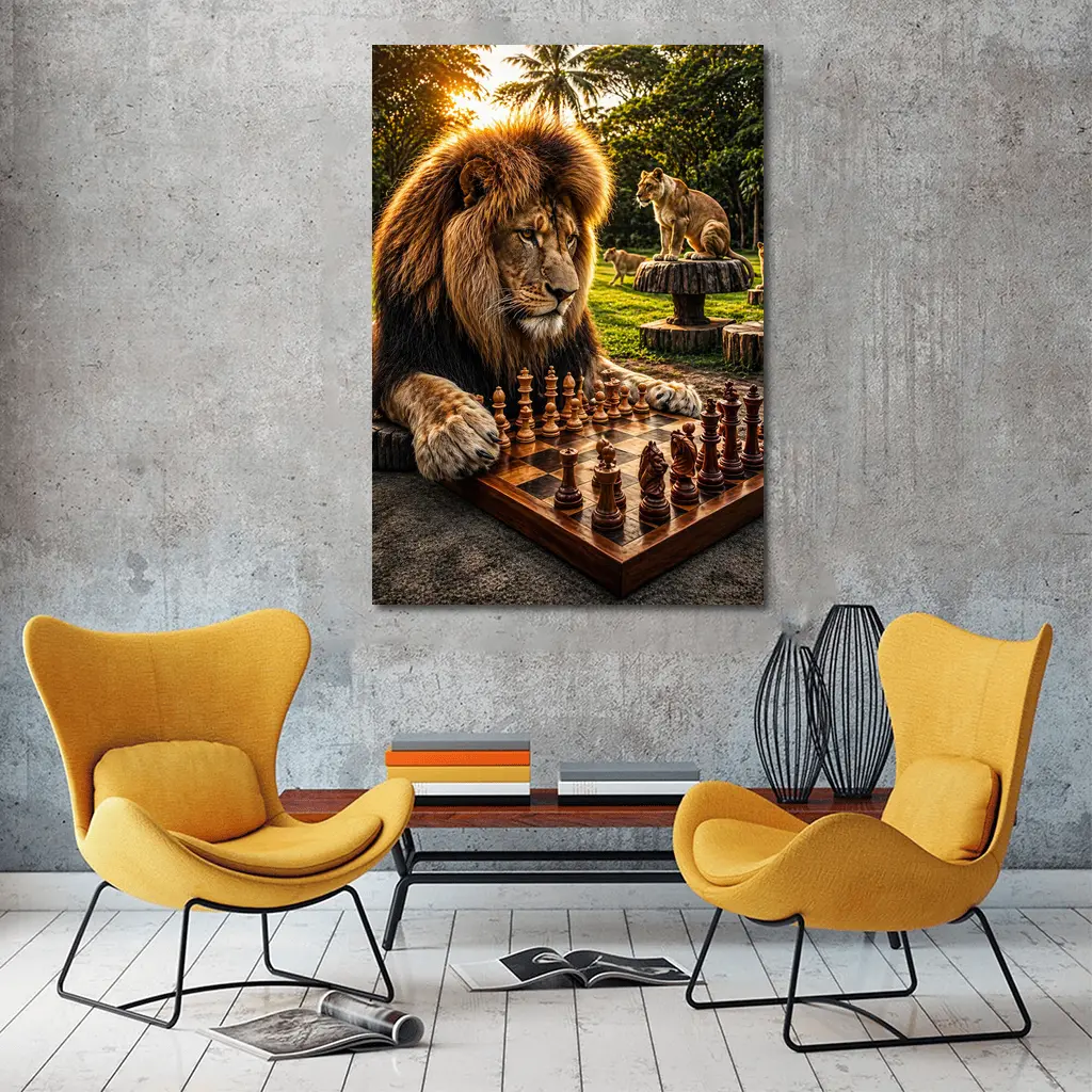 Lion Playing Chess in Tropical Park – Wall Art