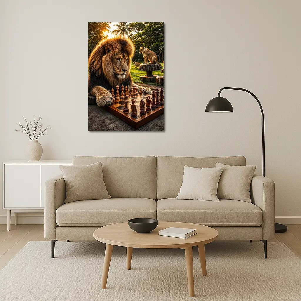 Lion Playing Chess in Tropical Park – Wall Art
