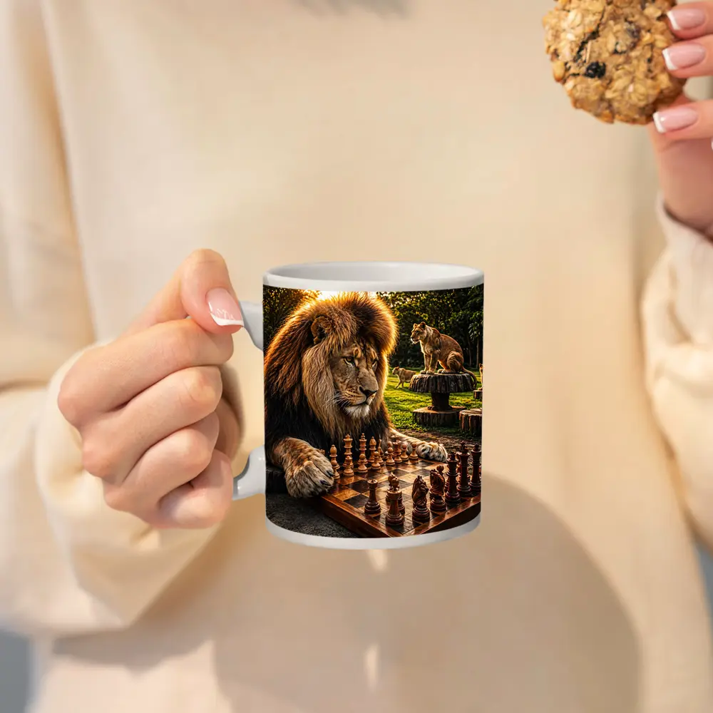 Lion Playing Chess in Tropical Park – Mugs