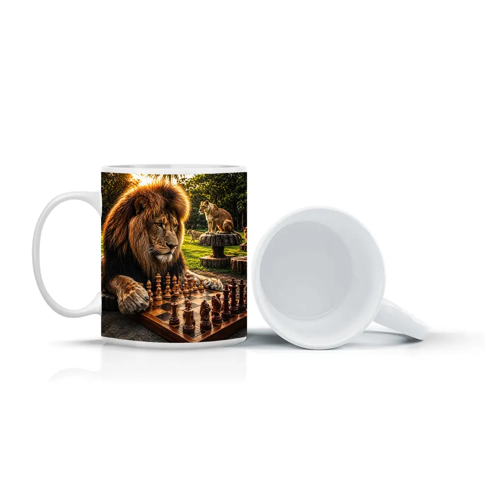 Lion Playing Chess in Tropical Park – Mugs