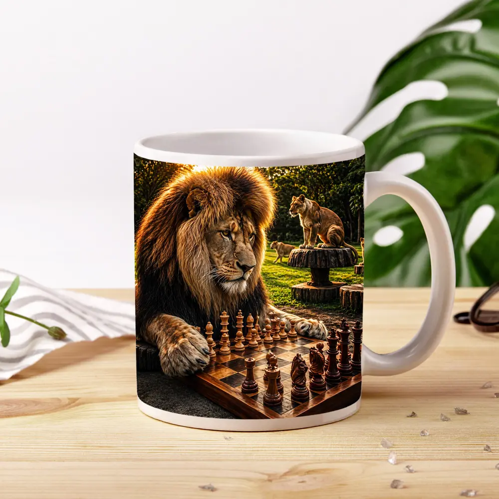 Lion Playing Chess in Tropical Park – Mugs