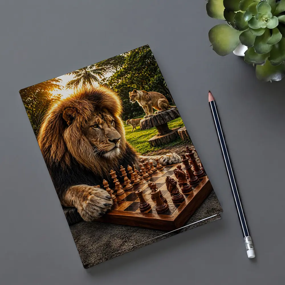 Lion Playing Chess in Tropical Park – Notebooks
