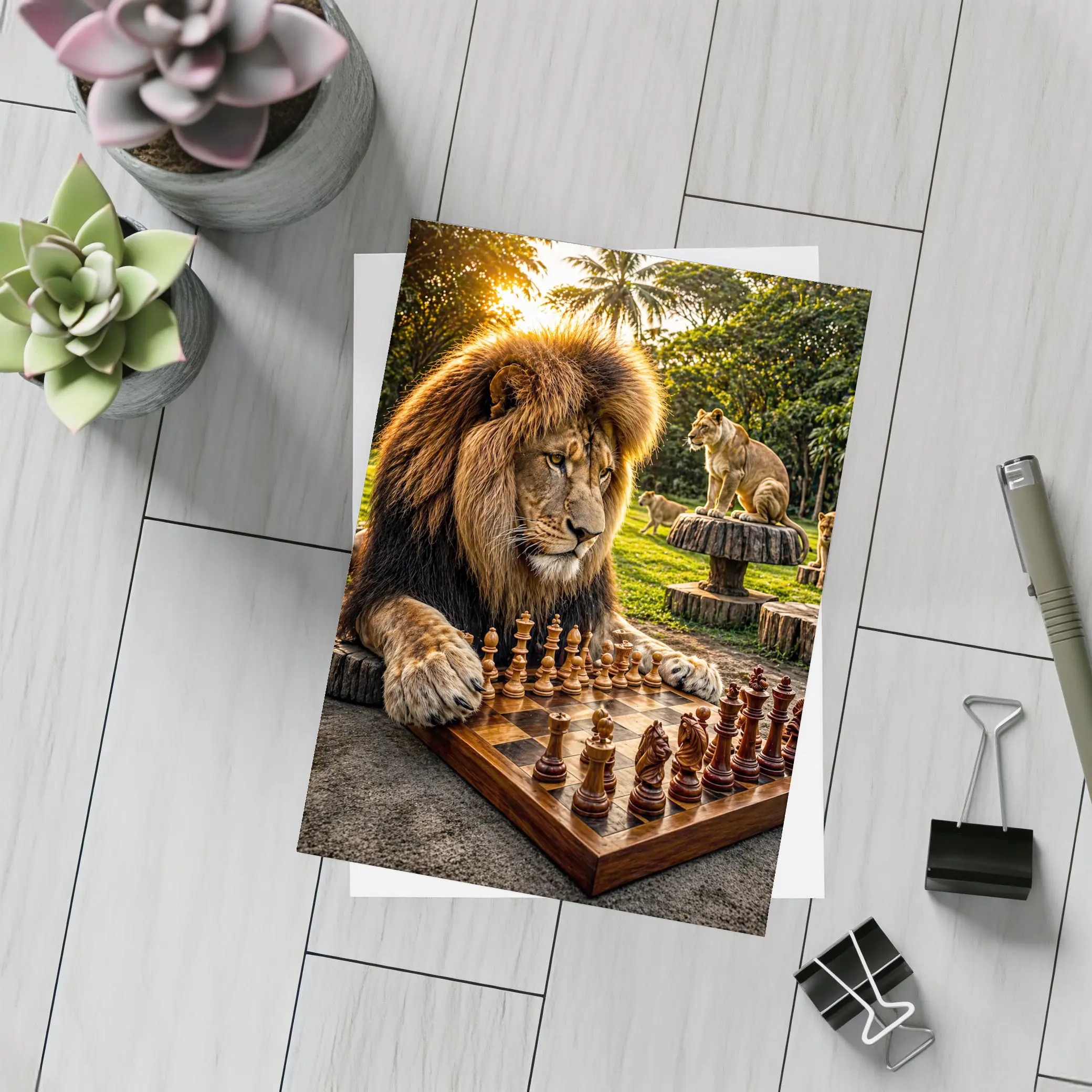 Lion Playing Chess in Tropical Park – Postcards