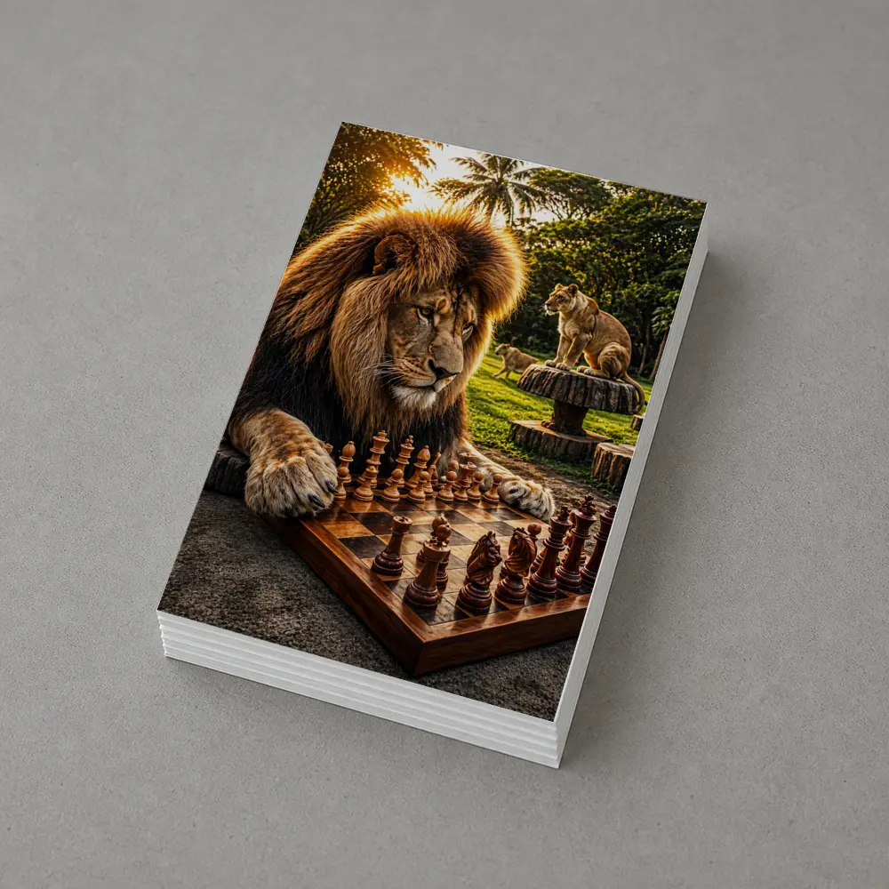 Lion Playing Chess in Tropical Park – Postcards