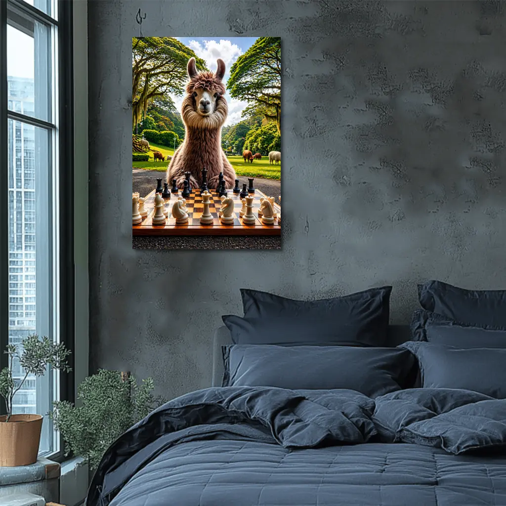 Llama Playing Chess in Green Park – Wall Art