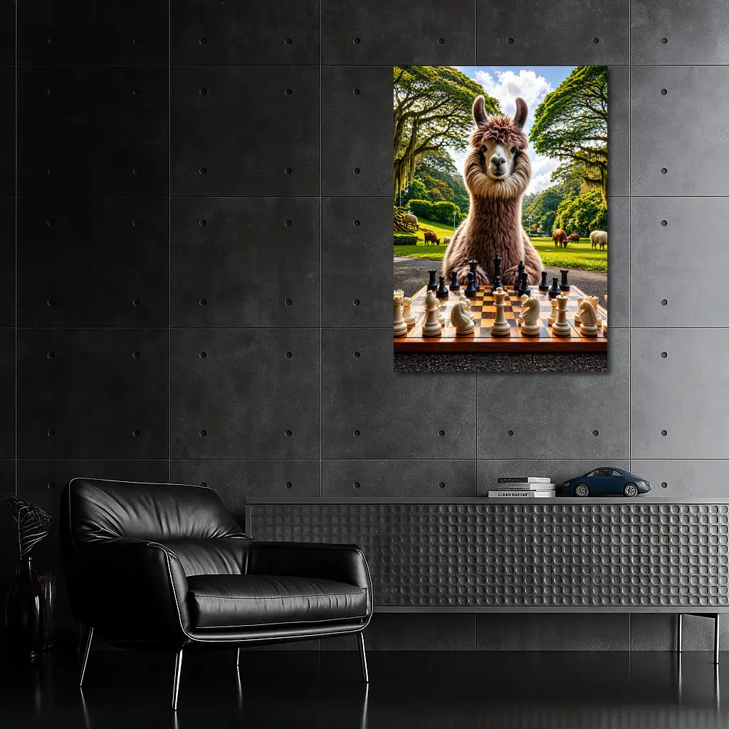 Llama Playing Chess in Green Park – Wall Art