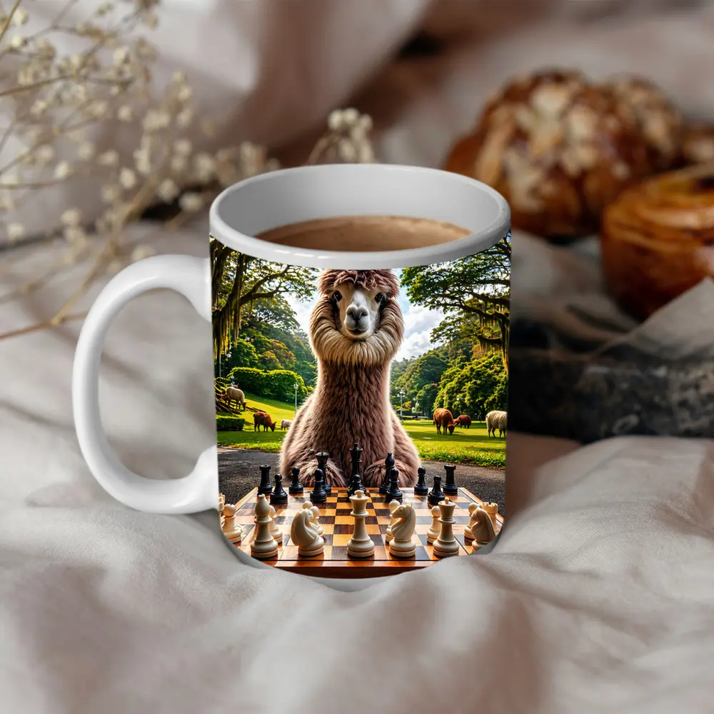Llama Playing Chess in Green Park – Mugs