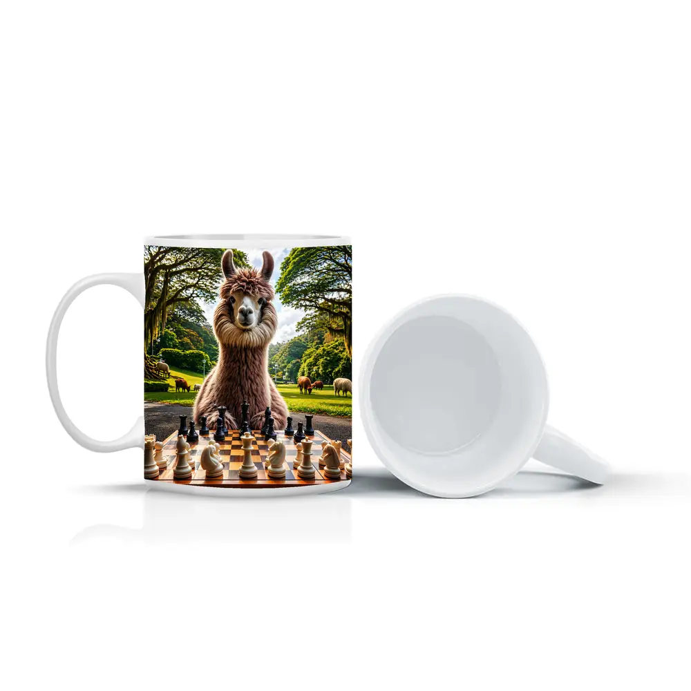 Llama Playing Chess in Green Park – Mugs