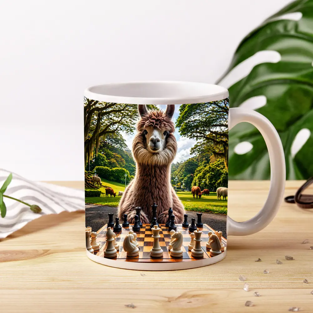 Llama Playing Chess in Green Park – Mugs