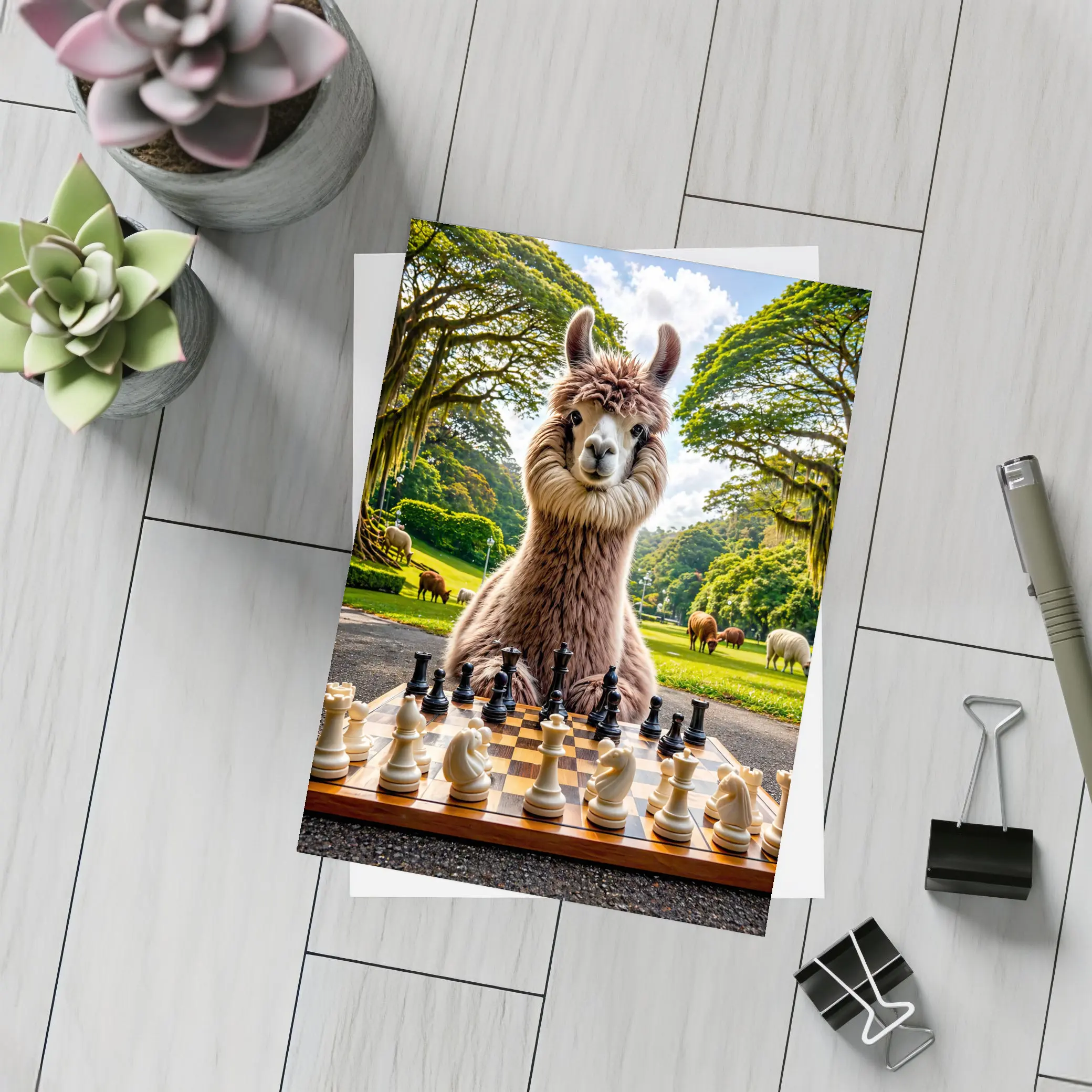 Llama Playing Chess in Green Park – Postcards