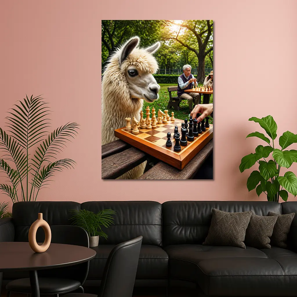 Llama Playing Chess In Green Park – Wall Art