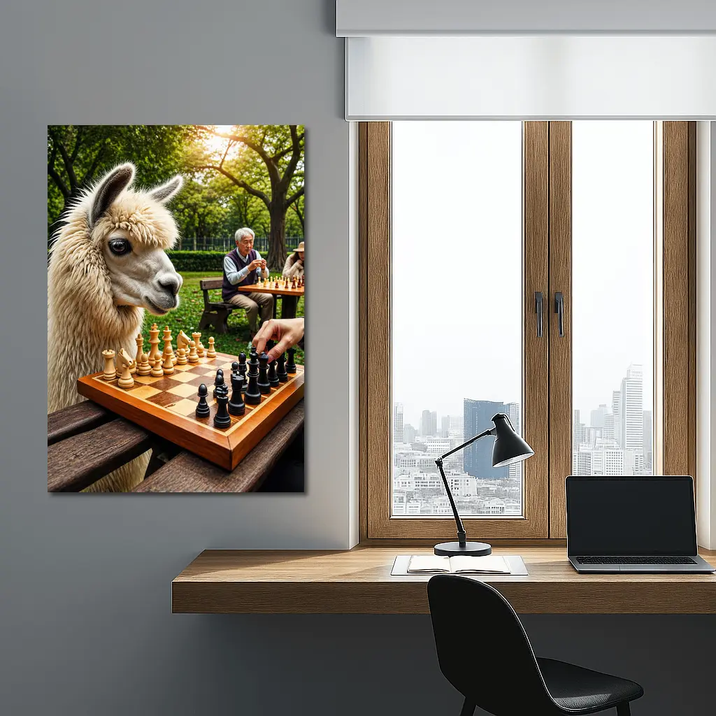 Llama Playing Chess In Green Park – Wall Art