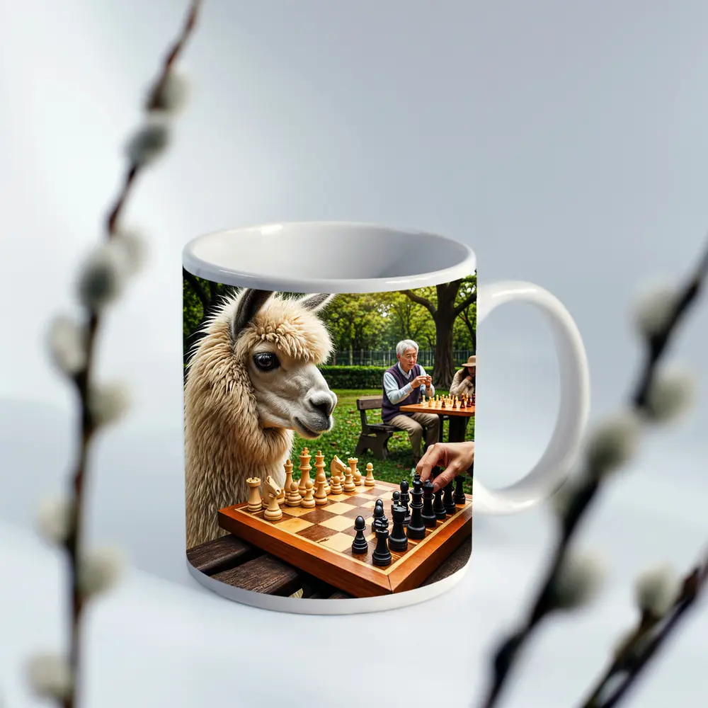 Llama Playing Chess In Green Park – Mugs