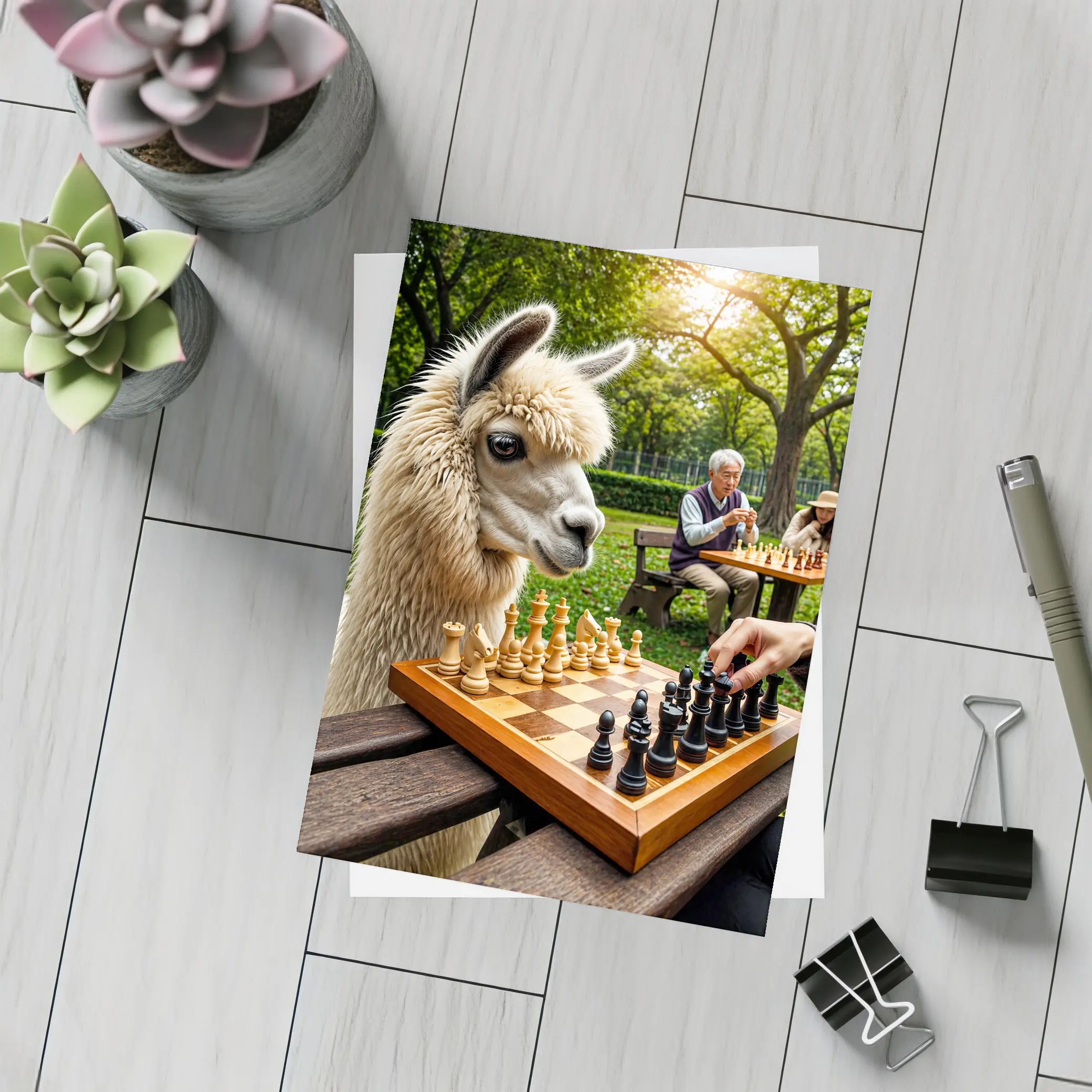 Llama Playing Chess In Green Park – Postcards