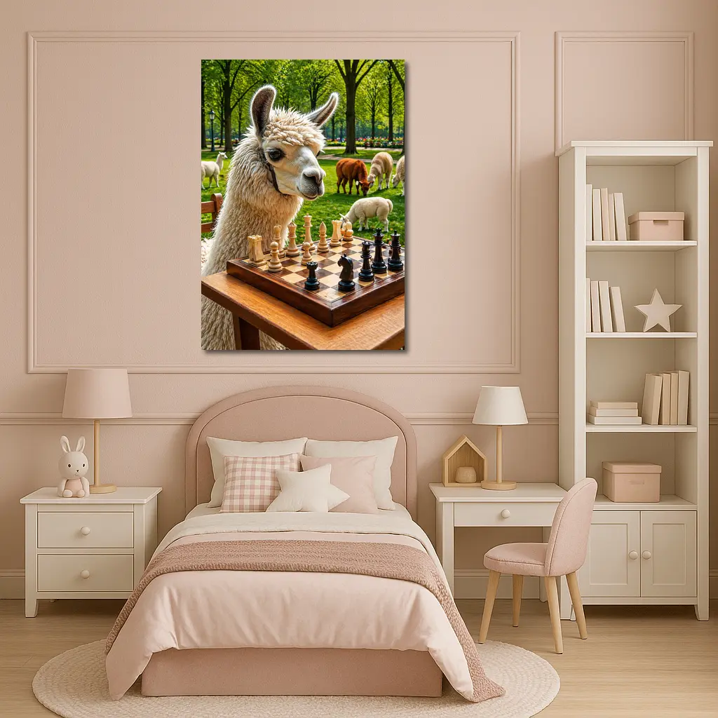 Llama Playing Chess In Green Park – Wall Art