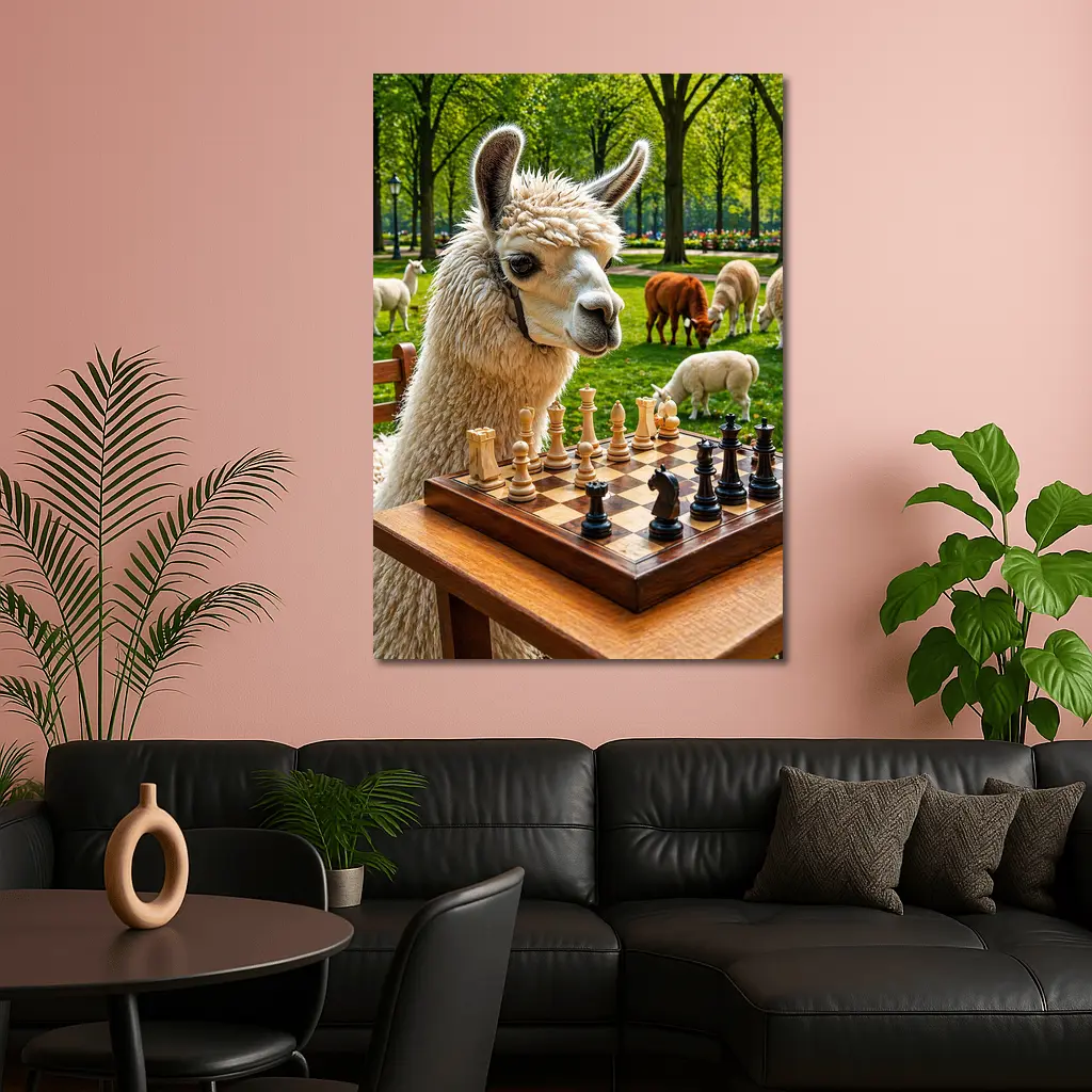 Llama Playing Chess In Green Park – Wall Art