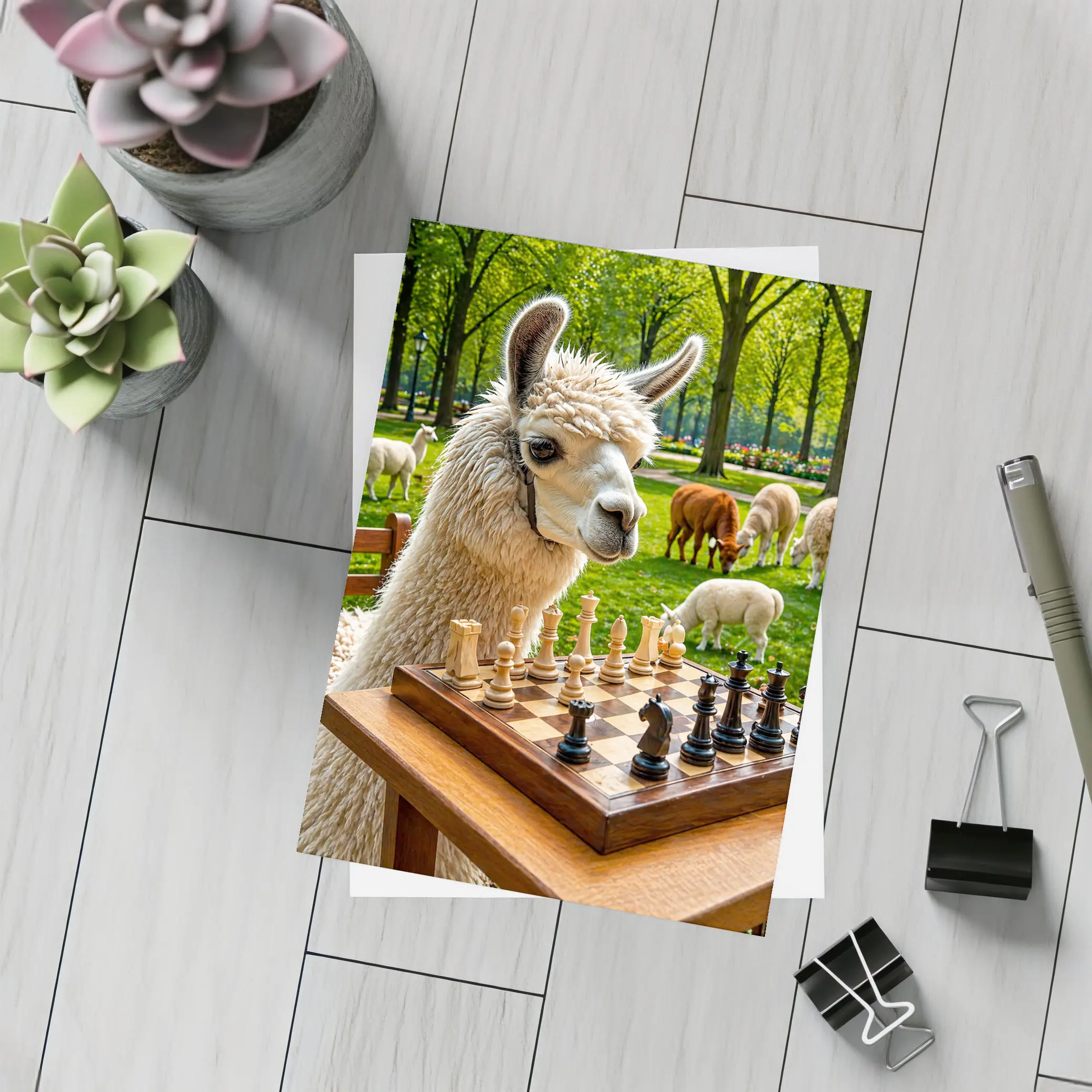 Llama Playing Chess In Green Park – Postcards
