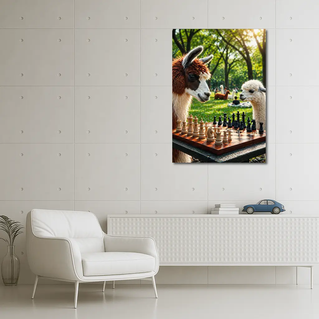 Alpaca Llamas Playing Chess in Park – Wall Art