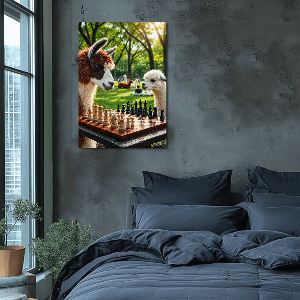 Alpaca Llamas Playing Chess in Park – Wall Art