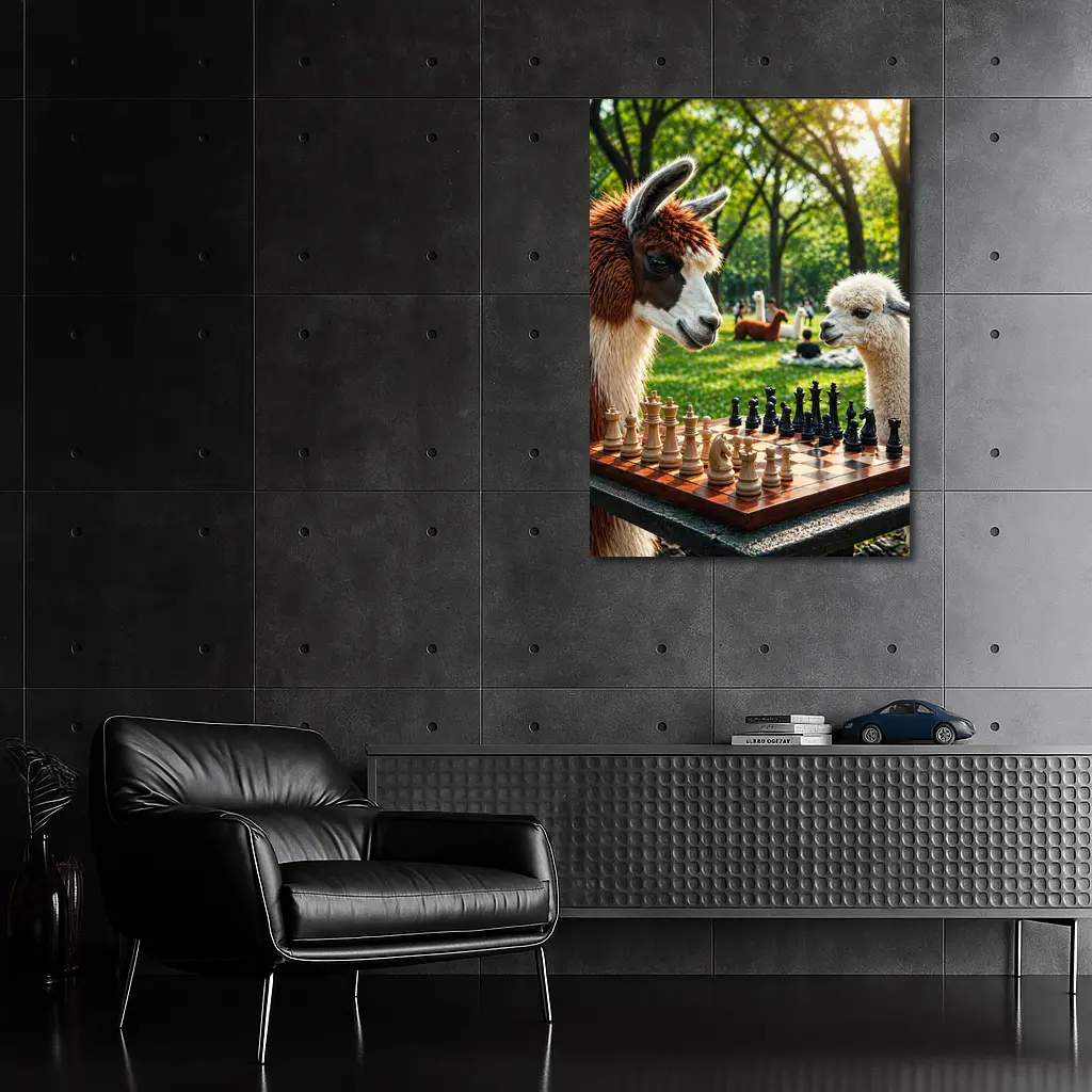 Alpaca Llamas Playing Chess in Park – Wall Art