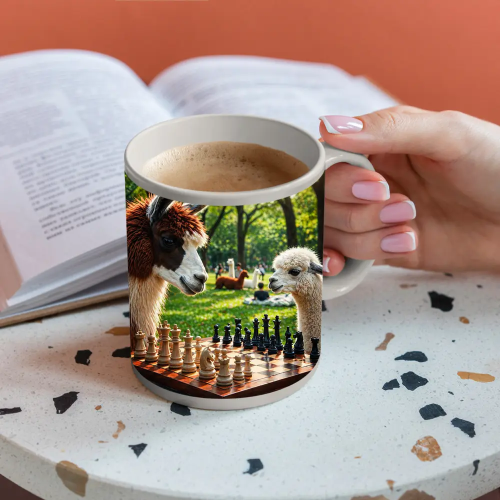 Alpaca Llamas Playing Chess in Park – Mugs