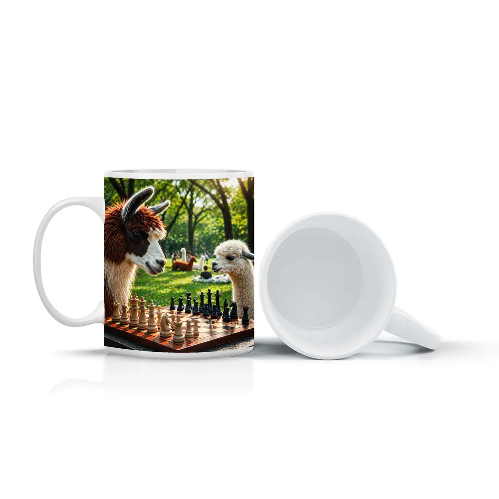 Alpaca Llamas Playing Chess in Park – Mugs