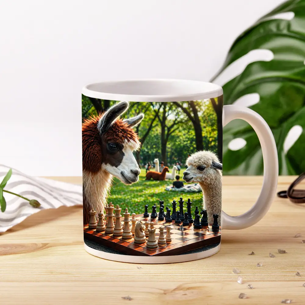 Alpaca Llamas Playing Chess in Park – Mugs