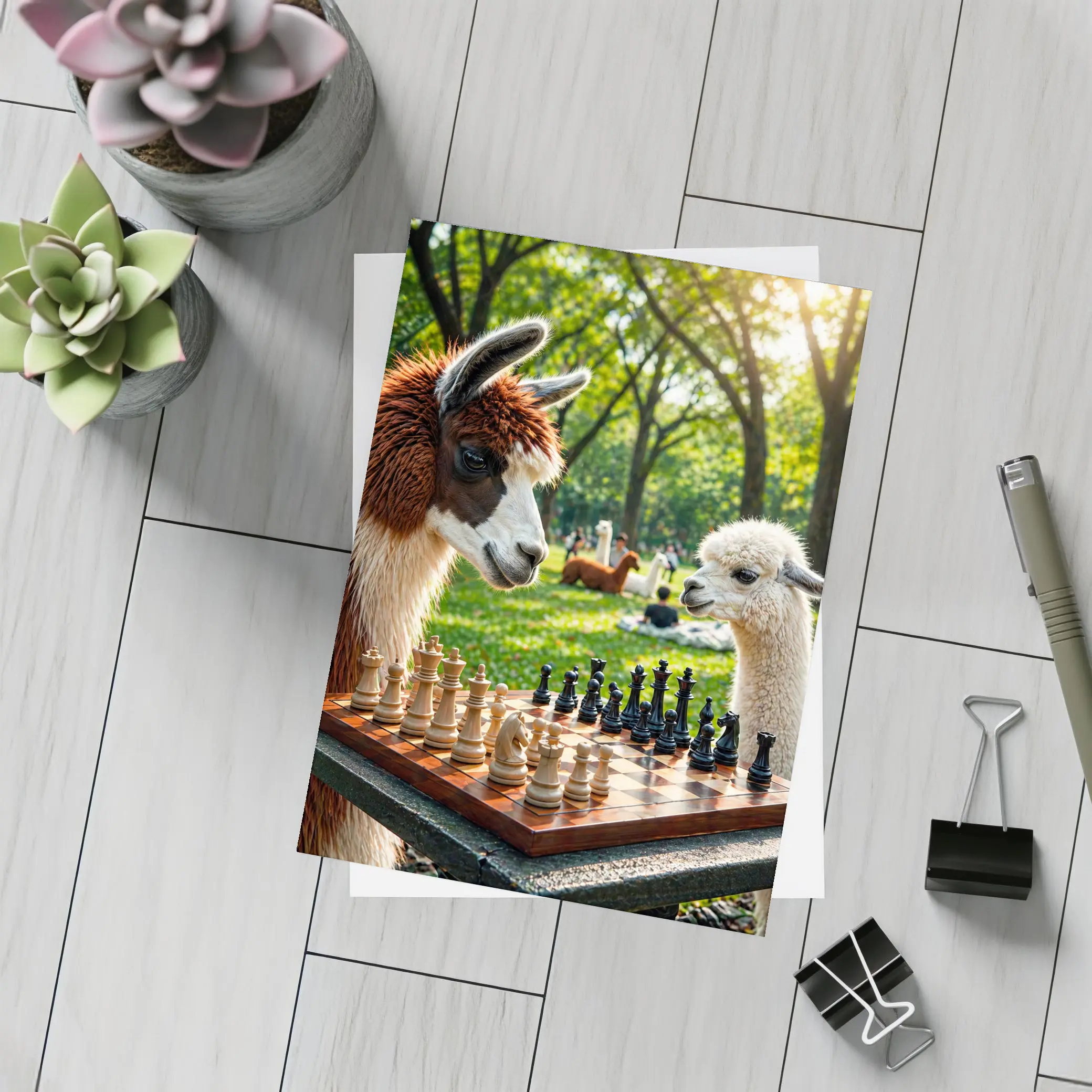Alpaca Llamas Playing Chess in Park – Postcards