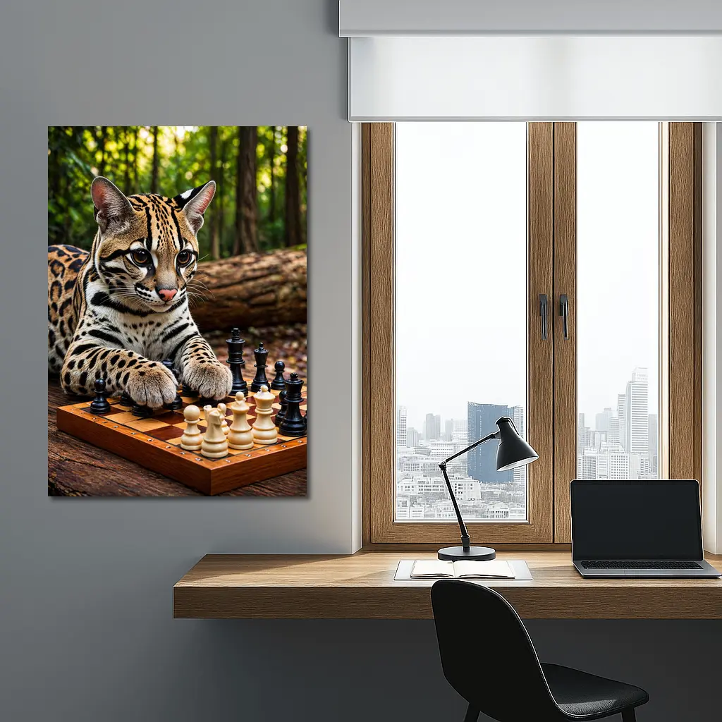 Ocelot Playing Chess In Forest – Wall Art