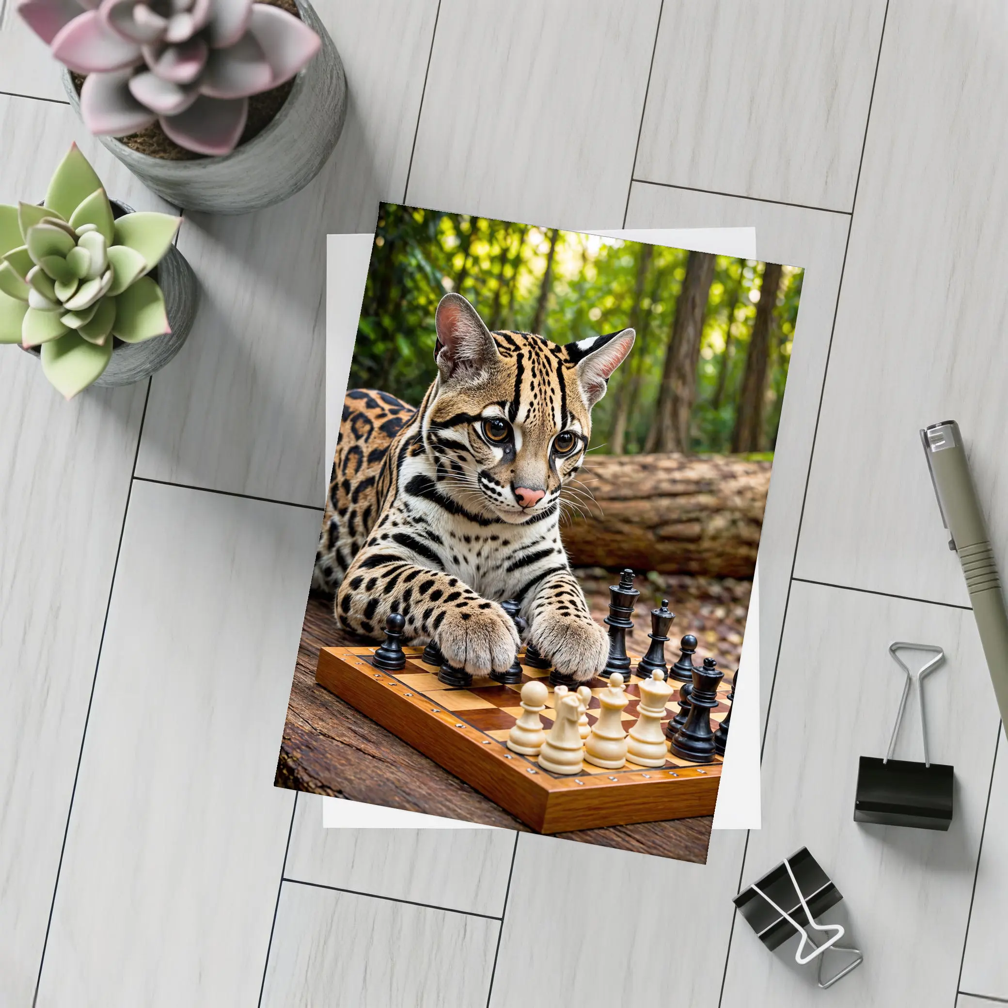 Ocelot Playing Chess In Forest – Postcards