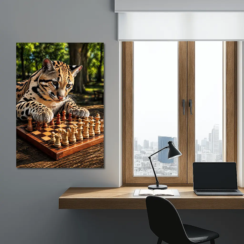 Ocelot Playing Chess In Sunny Park – Wall Art