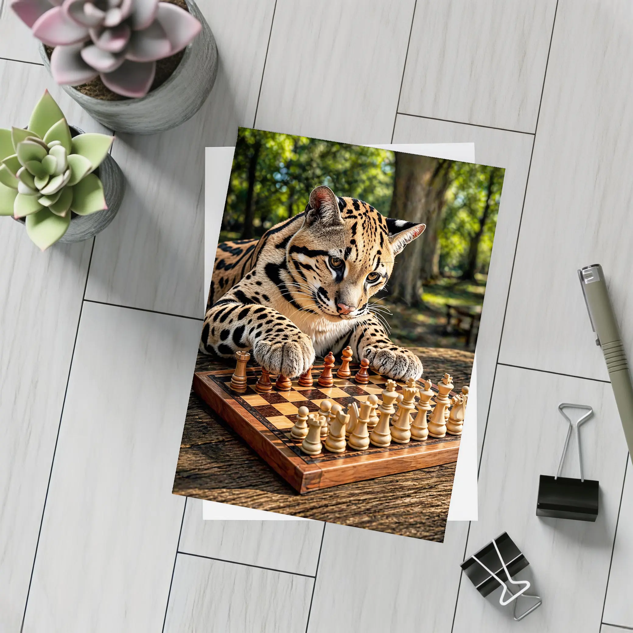 Ocelot Playing Chess In Sunny Park – Postcards