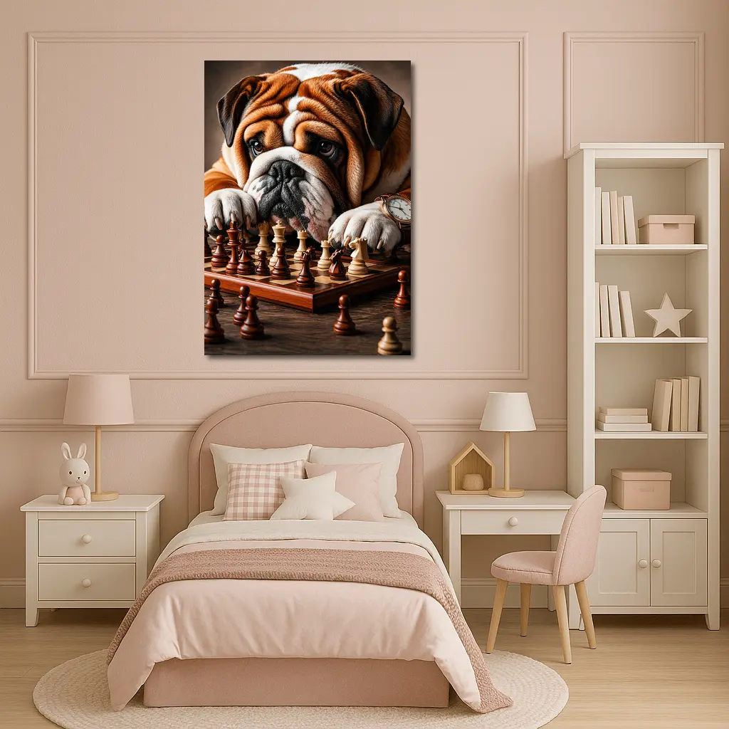 English Bulldog Thinking Over Chess Board – Wall Art