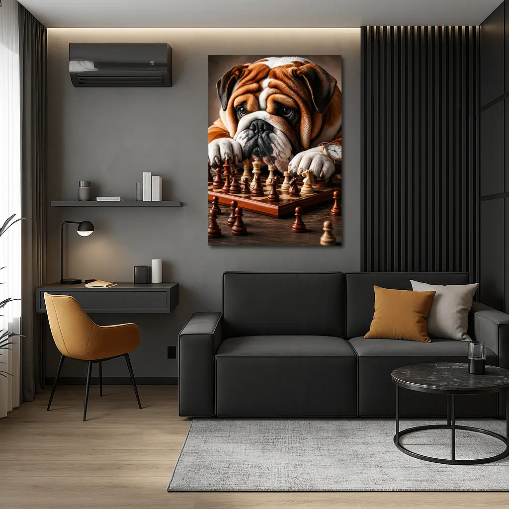English Bulldog Thinking Over Chess Board – Wall Art