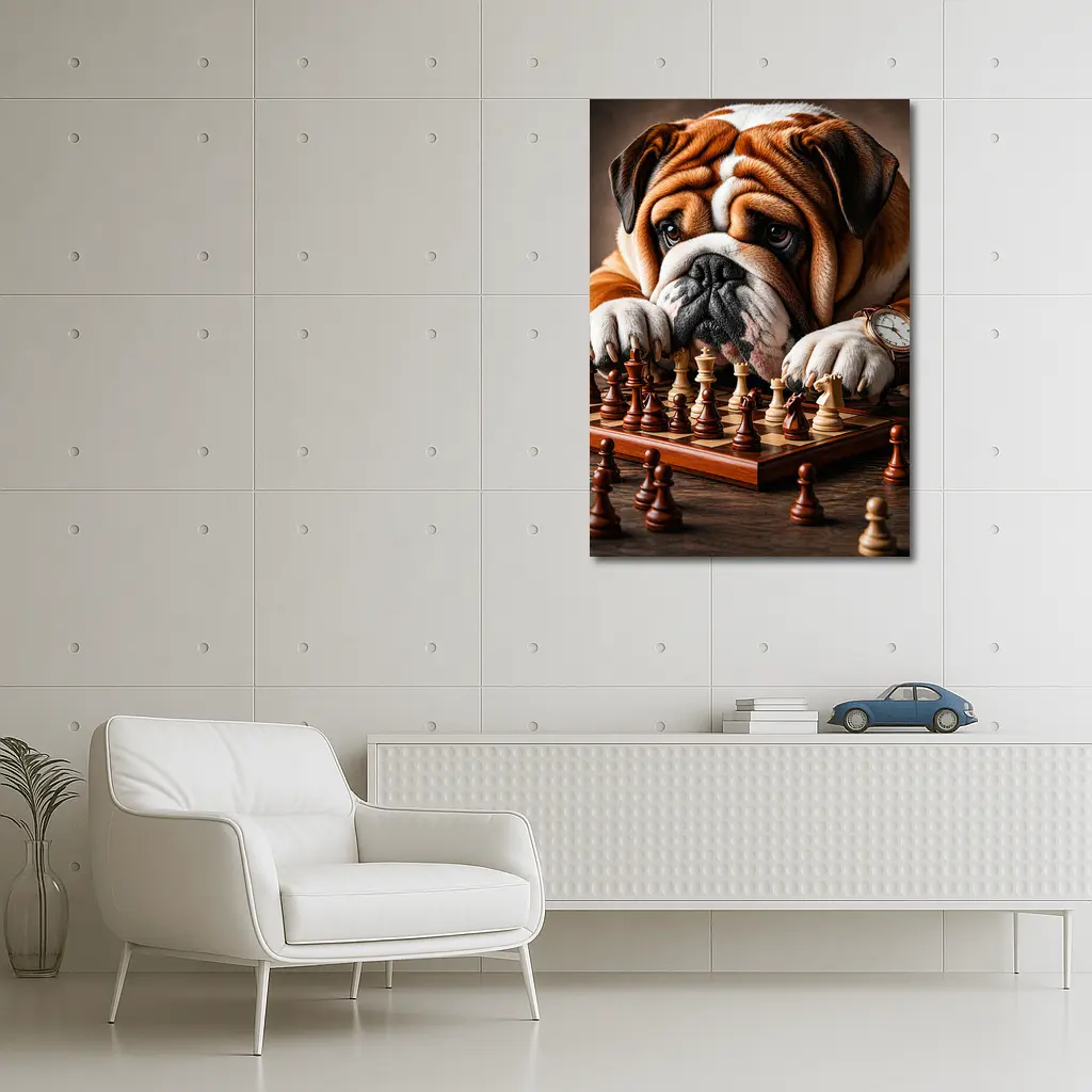 English Bulldog Thinking Over Chess Board – Wall Art