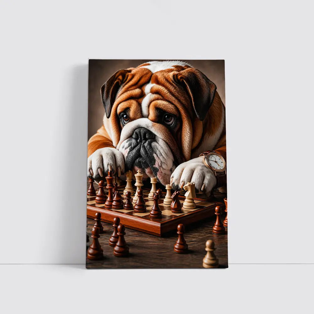 English Bulldog Thinking Over Chess Board – Wall Art