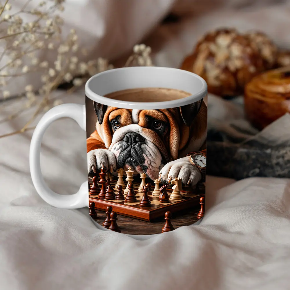 English Bulldog Thinking Over Chess Board – Mugs