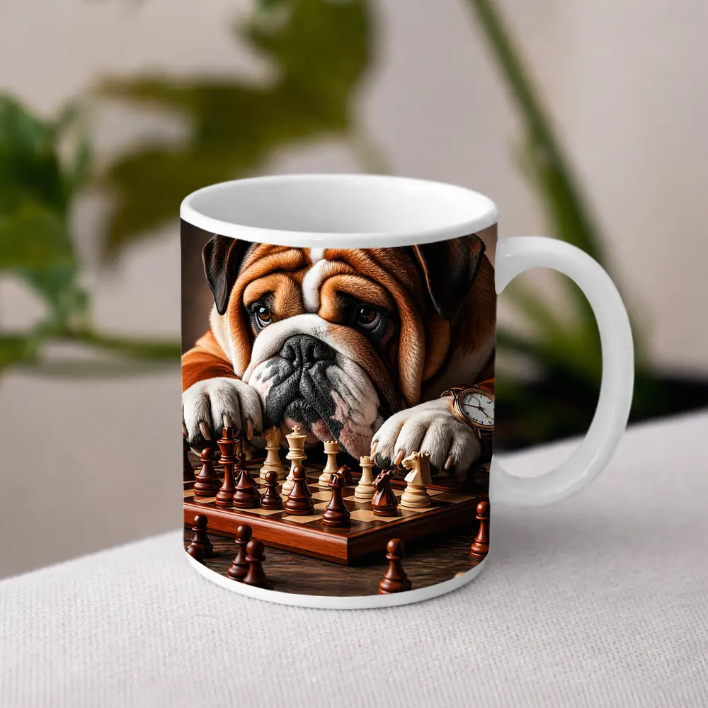 English Bulldog Thinking Over Chess Board – Mugs