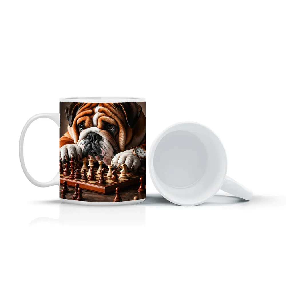 English Bulldog Thinking Over Chess Board – Mugs
