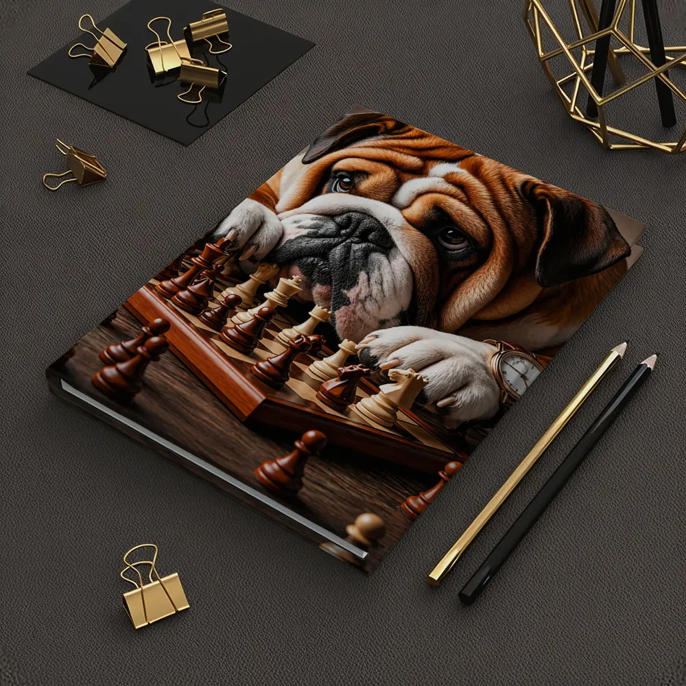 English Bulldog Thinking Over Chess Board – Notebooks