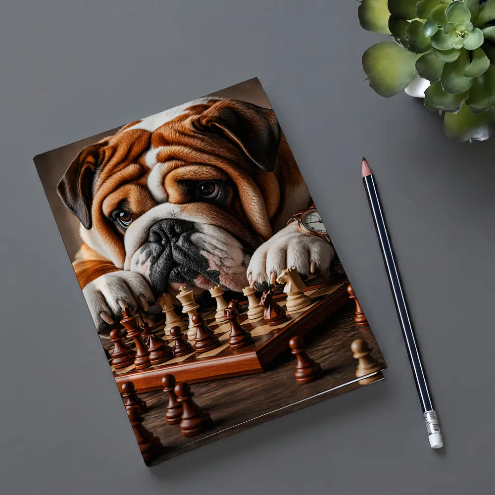 English Bulldog Thinking Over Chess Board – Notebooks
