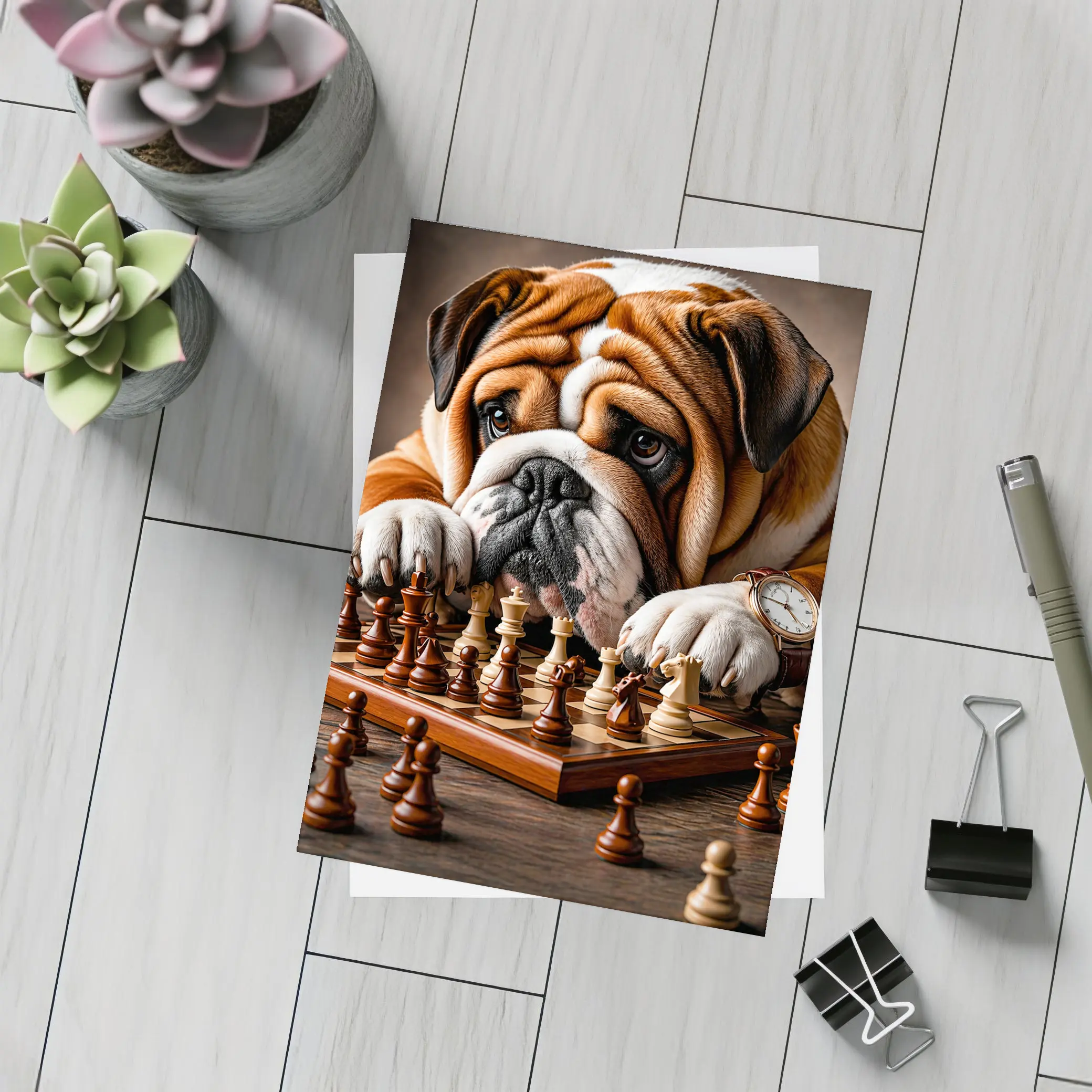English Bulldog Thinking Over Chess Board – Postcards
