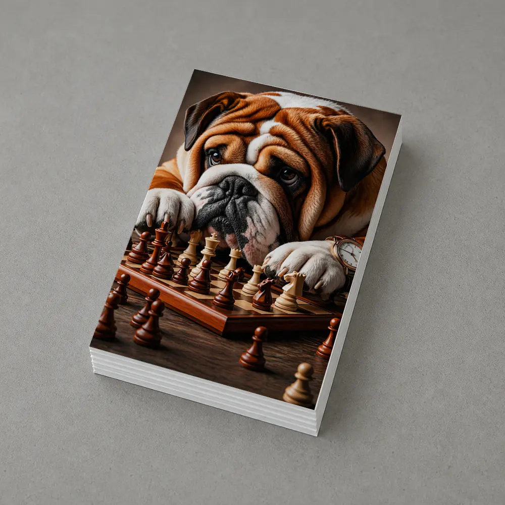 English Bulldog Thinking Over Chess Board – Postcards