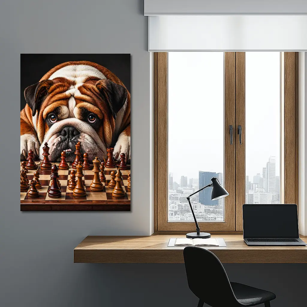 English Bulldog Staring Down Chess Board – Wall Art
