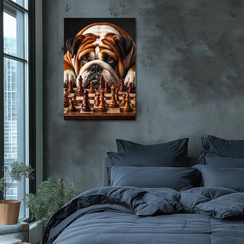 English Bulldog Staring Down Chess Board – Wall Art